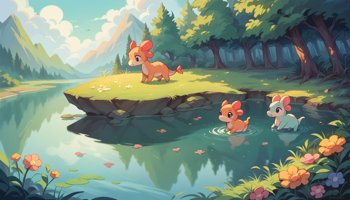  these baby dinosaurs play by the lake and have a far volcano, pastel, light-color