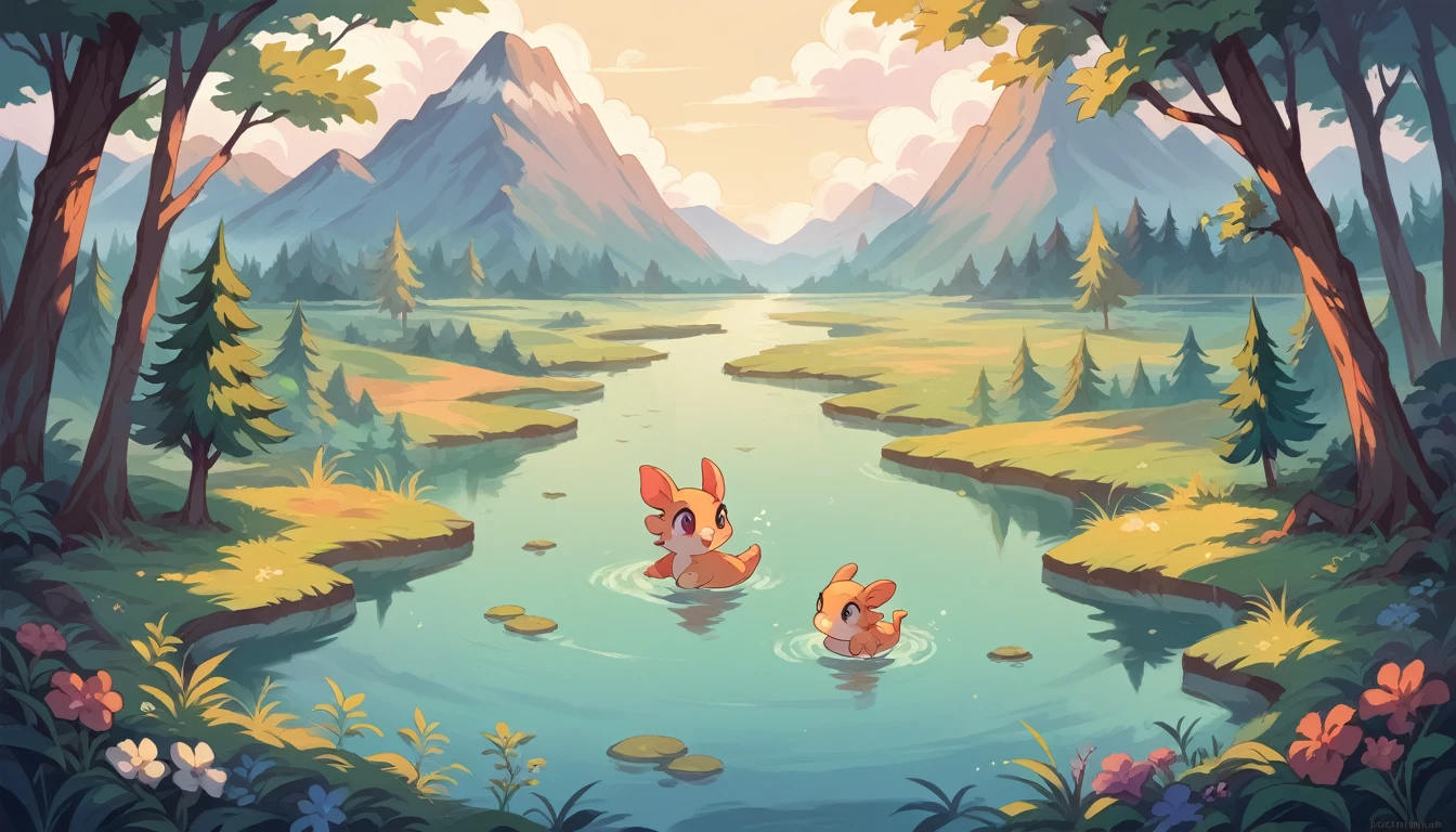  these baby dinosaurs play by the lake and have a far volcano, pastel, light-color