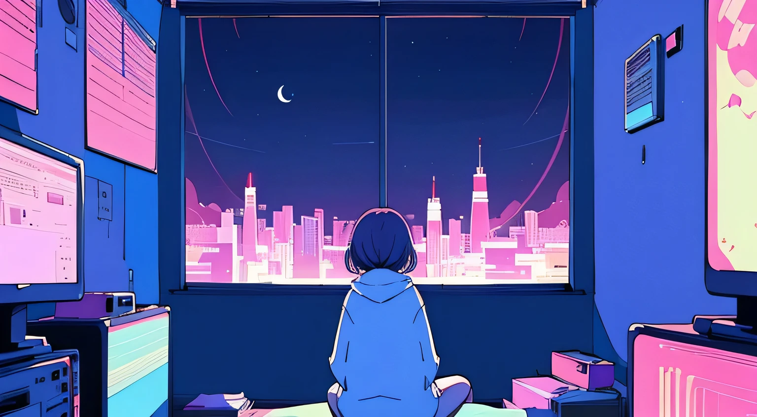 (From behind), Anime girl sitting in front of a computer in a cozy bedroom, Girl listening to music in a cozy room (night), Use headphones, On the roof, (beautiful night views from windows), Lots of things, 2D Anime Style, The aesthetics of anime in the 90s, Lo-Fi, Very detailed, hard disk, A mix of anime style and Fujifilm, Surreal, 8k, masterpiece