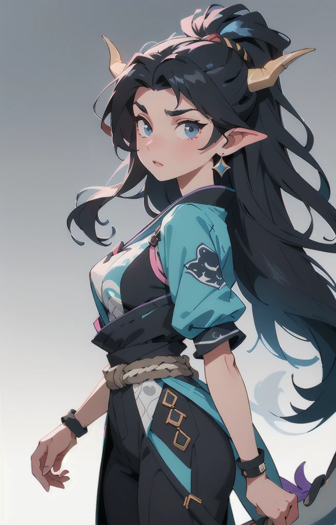Seven Rhaeyar (Deylta), Ancient Star goddess, Perfect female anatomy (Royalty, Adult Female, 166cm in height, Cool pale skin, slim, slender, 34D size, Long Jet Black Hair, Gray Colored Iris , a set of Jet black colored horns with a blue highlight tint on her head), Black Katana with dragon motifs, Black rope accessories and blue rose references. Simple Background, receiving light from the front, Ethereal glow, Japanese inspired,