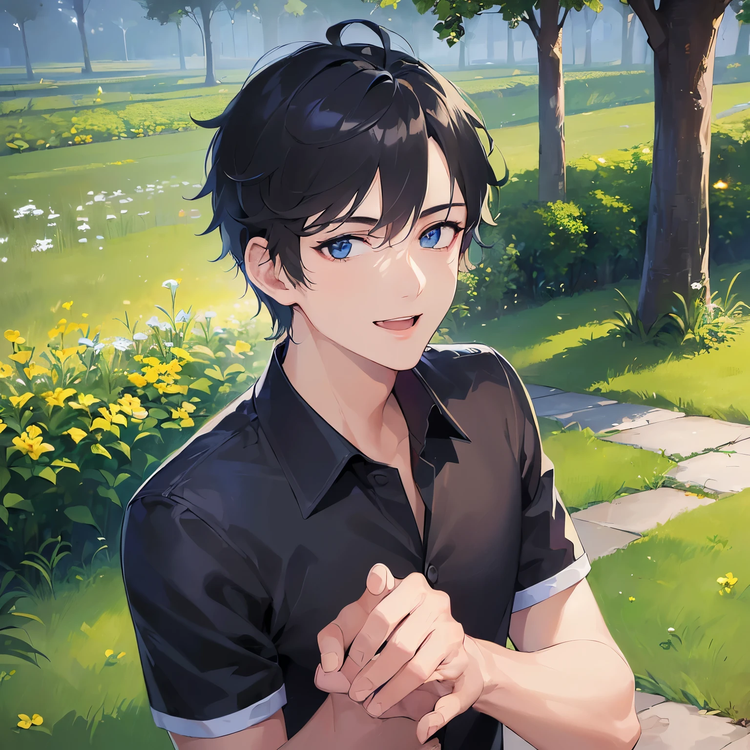 (looking at viewer:1.5)Upper Body, 
shiny skin, masterpiece、Highest quality、
(25-year-old male:1.5) and (Black short hair) and (blue eyes), 
black collared shirt、
smile,open mouth,park、grass