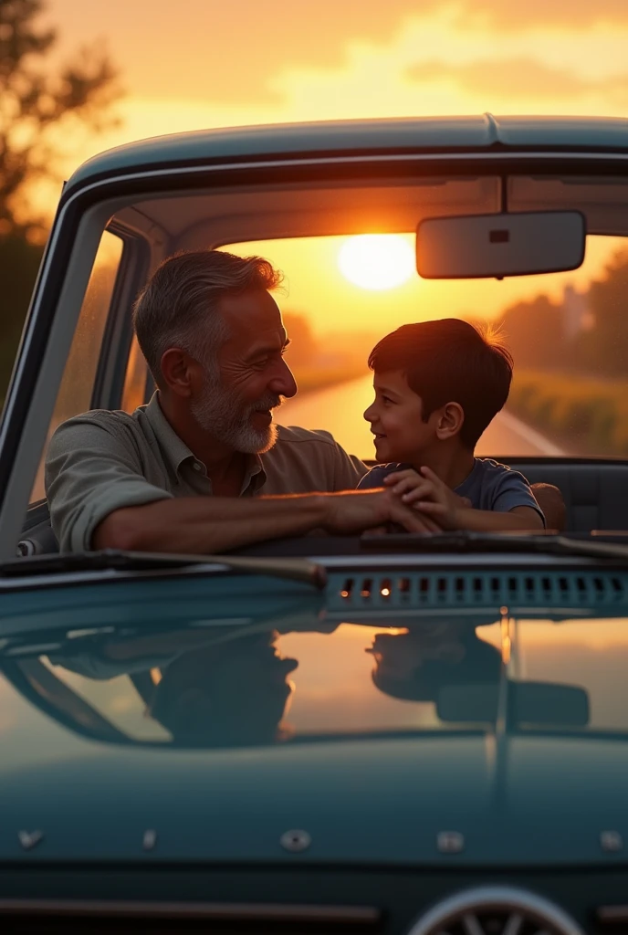 	• An image that captures an authentic moment between father and son, like a father teaching his son to drive, or a loving scene of father and son in a car, with the Auto Posto Marecha logo subtly inserted. The background could be a road at sunset, symbolizing the journey of life, with a warm and nostalgic touch.

