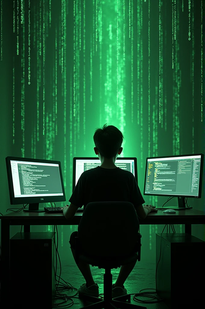 Create a boy wear a black t shirt and black pant with white shoes doing programming with multiple monitor in Matrix