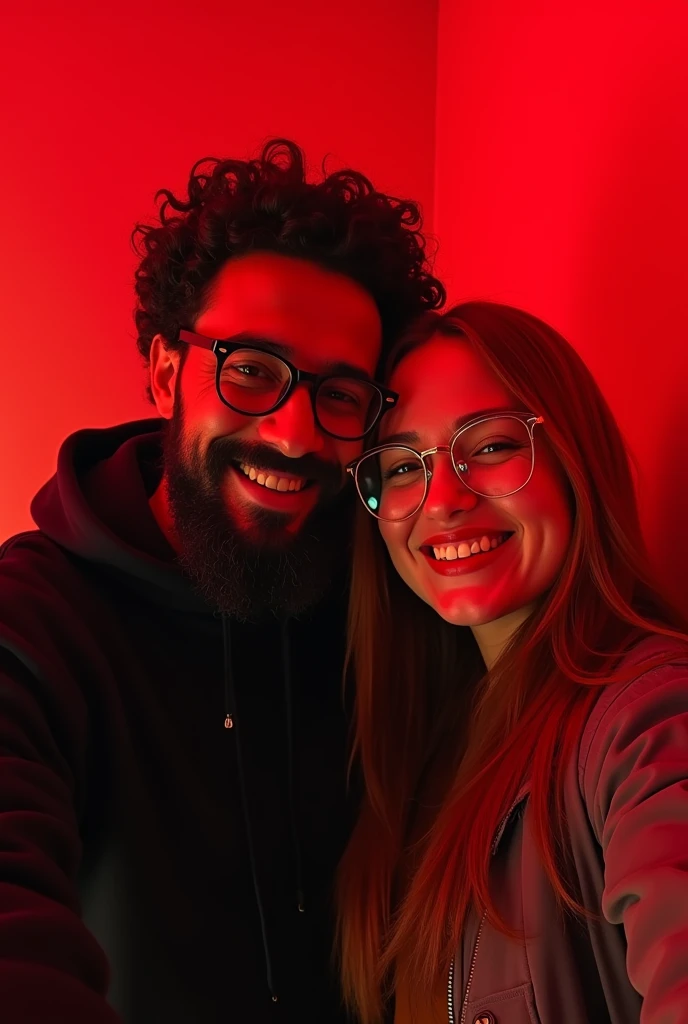 piss cover. Man with oval face, curly black hair , with long beard, He wears round black glasses and is wearing a black sweatshirt. He is on the left side and she is on the right side. The woman has chubby cheeks., redhead straight thick hair, wears gold glasses, She is wearing a grey jacket.  They smile while taking a selfie while hugging each other. They are in a red light room. express love.