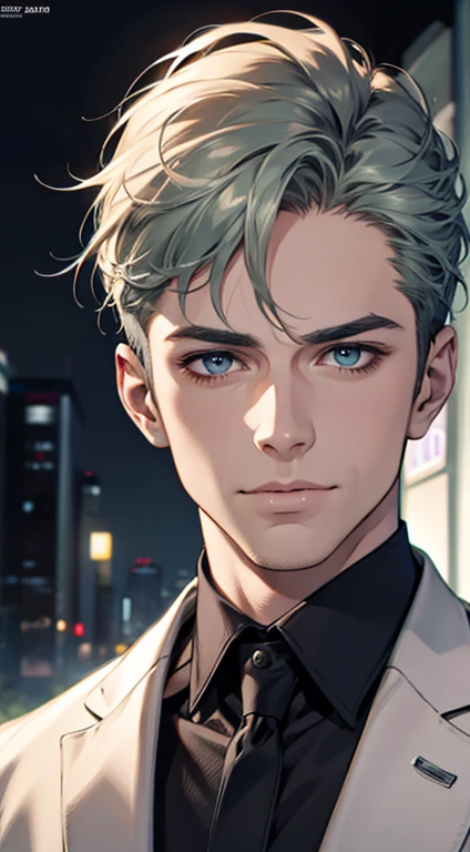 (best quality,4k,8k,highres,masterpiece:1.2),ultra-detailed,(realistic,photorealistic,photo-realistic:1.37),1 man,31 years old,mature man,very handsome,without expression,smile,short grey green hair,blue eyes,penetrating gaze,perfect face without errors,imposing posture,businessman,office background,cinematic lighting,hdr image