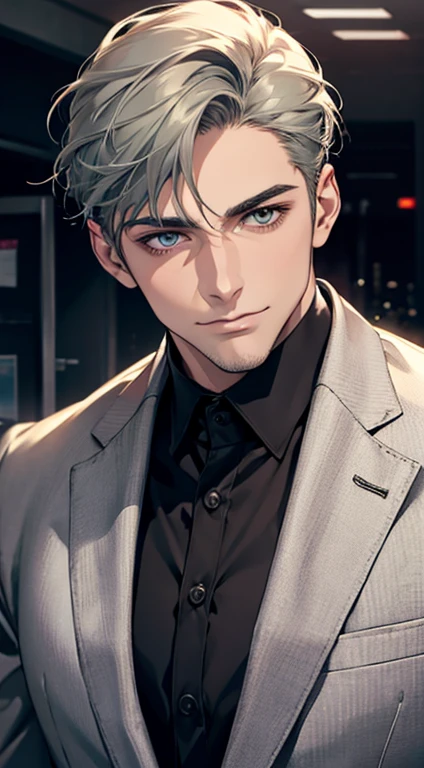 (best quality,4k,8k,highres,masterpiece:1.2),ultra-detailed,(realistic,photorealistic,photo-realistic:1.37),1 man,31 years old,mature man,very handsome,without expression,smile,short grey green hair,blue eyes,penetrating gaze,perfect face without errors,imposing posture,businessman,office background,cinematic lighting,hdr image