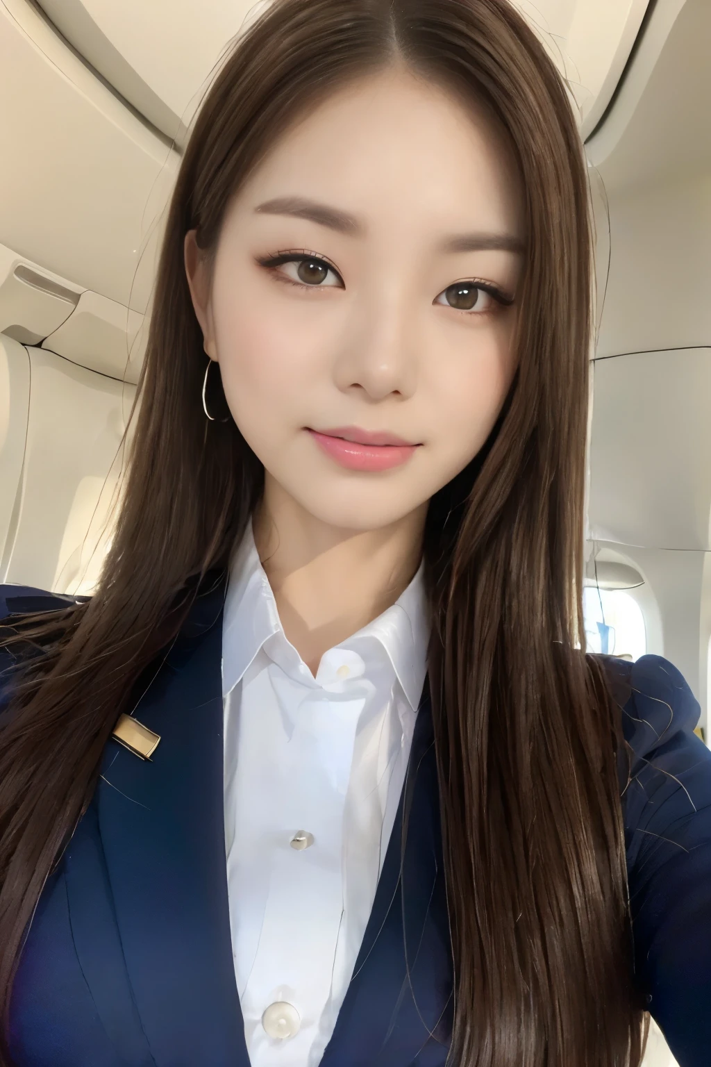 ((Highest quality, 8k, masterpiece: 1.3)), concentrate: 1.2, Perfect beauty: 1.6, Astock: 1.3, ((Straight Hairstyles), (Flight attendant uniform: 1.1), (evening, Inside the aircraft), Highly detailed face and skin texture, Narrow eyes, double eyelid, Whitening skin, Long Hair, (shut up: 1.3), A kind smile, Detailed eye makeup,Highly detailed eye texture,During customer service