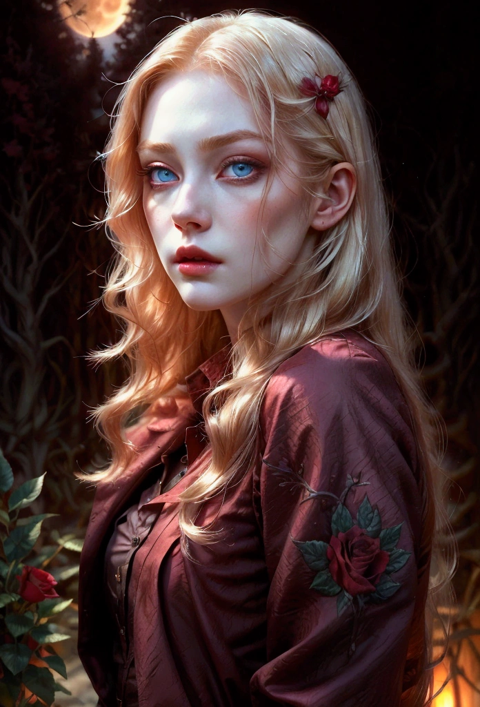 masterpiece, best quality, (focus only), (perfect face:1.1), (high detail:1.1), (very detailed eyes), dramatic, 1 person, (pale skin), long blonde hair, (Red Iris), Personal focus, vampire, long hair, moon, night, red luxury suit, swollen lips, castle, detailed background, art by artgerm, movie lights, red rose, fashion,