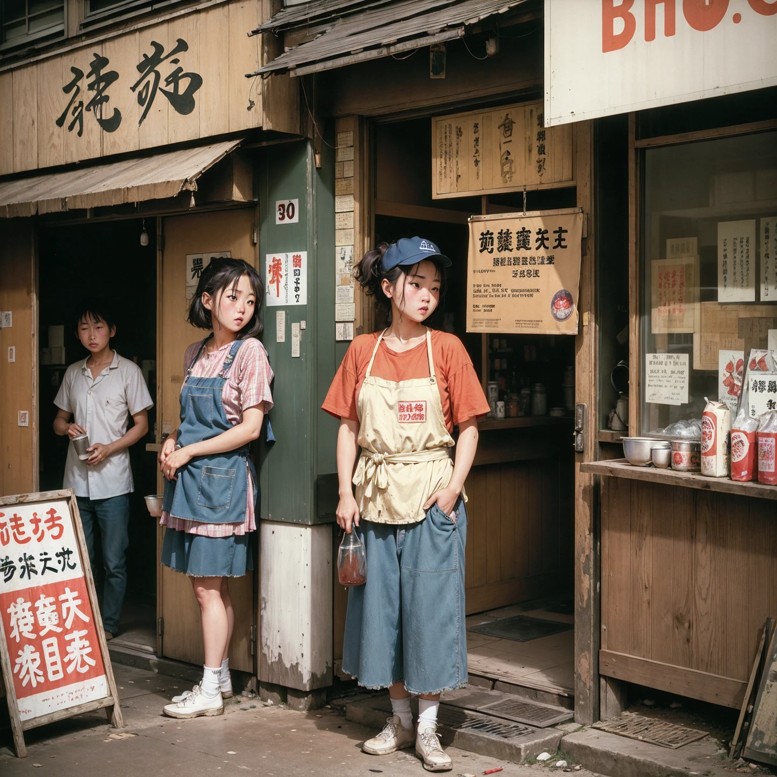 ((masterpiece、Highest quality))、Poor conditions、Japan 1980s, Dirty Standing Tavern、Cooking、Japanese alcoholic drinks、Old and dirty store, Unsanitary and dirty downtown Tokyo, Japan Streets, Cute girl working at the store、Poor workers eating and drinking
