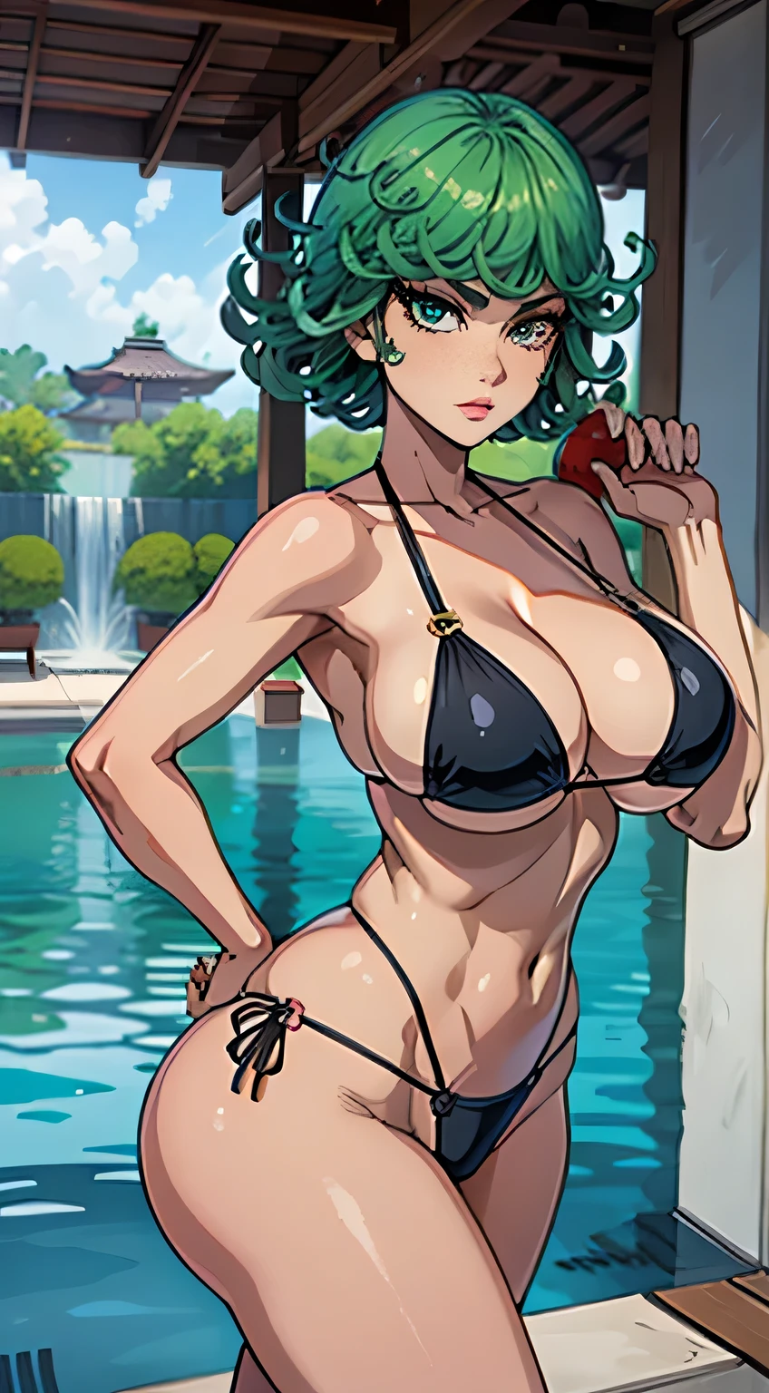 (best quality:1.3), tatsumaki by one punchman , busty, cleavage, seductive, sexy, curvy body, big ass, big boobs, (thong bikini), (pool)
