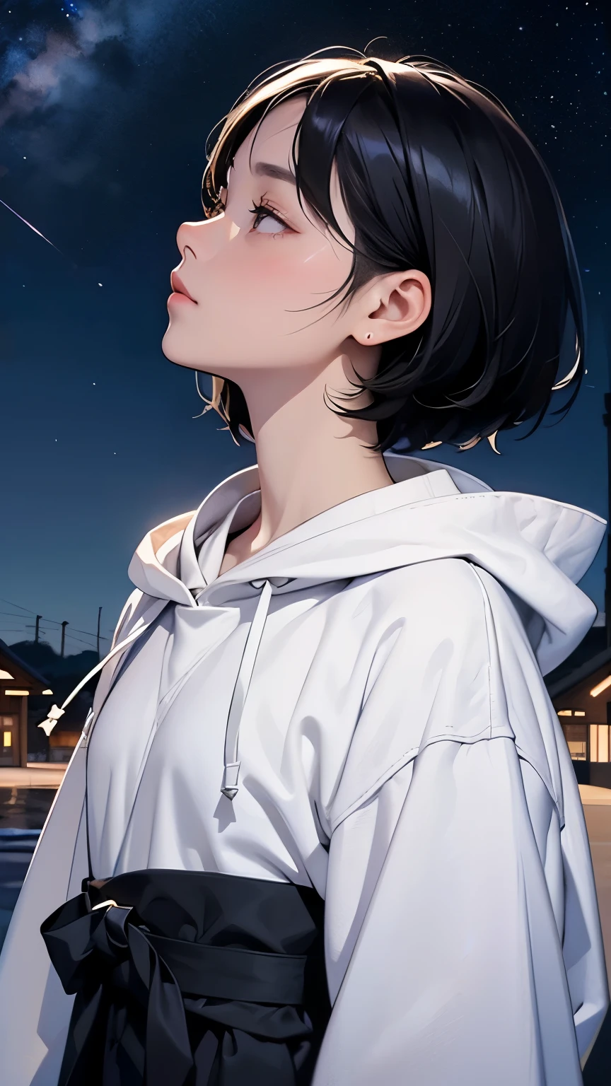 Master Painting、Highest quality、scenery、Night Sky、Starry Sky、woman、Very depressive、Black Hair、Bobcut、Look up at the sky、profile、Upper Body、White hoodie、Center of chest、Japanese。