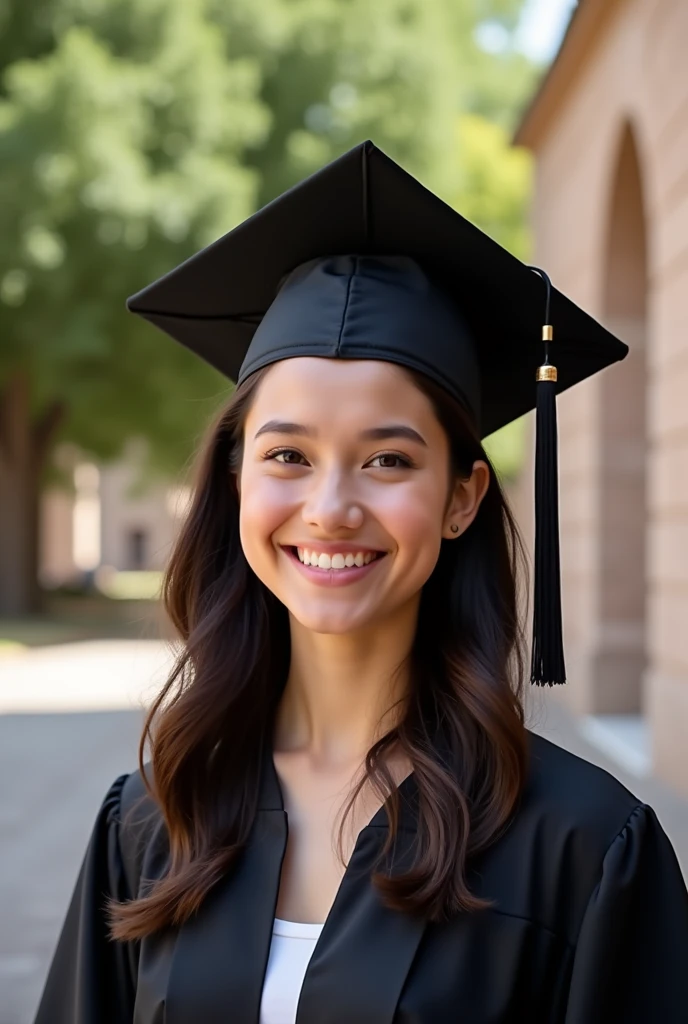 Create a realistic photo of a white-skinned girl, round face, dark chocolate hair, Lazio, with a natural expression and smile, dressed in a black graduation cap and gown
