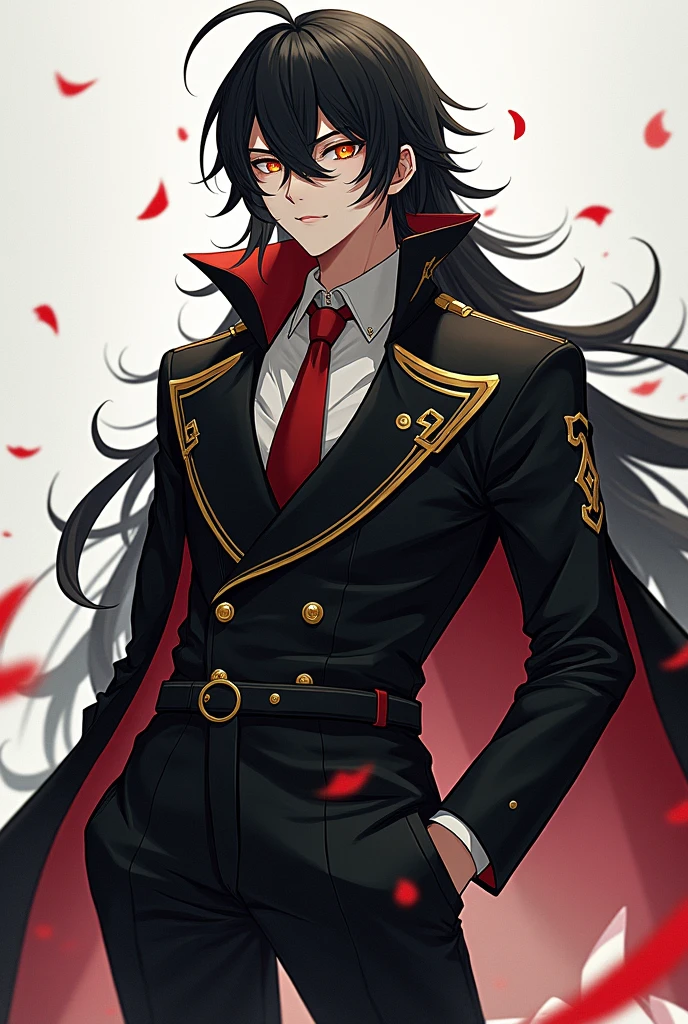 Anime boy with 174 cm height,yellow light eyes and black long touching shoulder in shikanoin heizou's outfit style