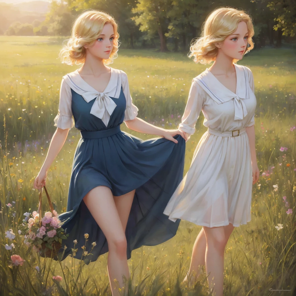 girl, 3個girl, blond, Green eyes, 1930s style, high quality, full-body shot, 17 years old, Big breasts, Long legs and height 170 , Sailor Suit, Mini skirt showing waist standing on the grassland, blue sky , delicate eyes, Delicate lips, Extremely detailed face, long eyelashes, Elegant, beautiful, beauty, charming, Exquisite, oil painting, Digital painting, Realism, 8k, best quality, masterpiece, HDR, bright colors, movie lighting, Soft Focus, warm colors, dream, romantic, femininity