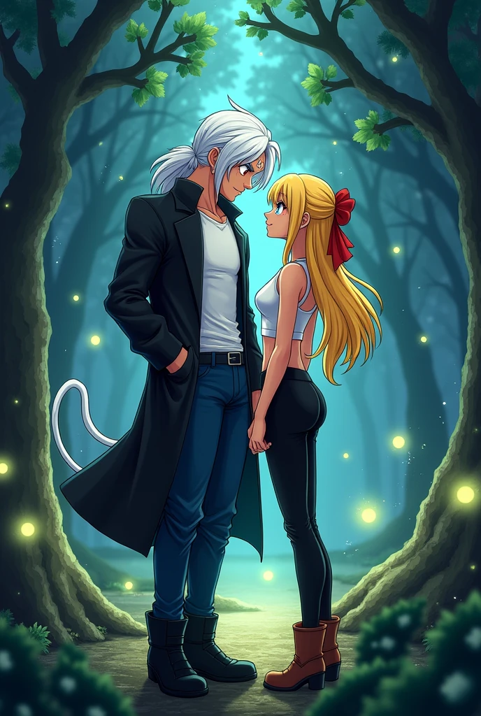 trunks,long straight white hair,Red eyes,semi muscular,scar mark above one of his eyes,White T-shirt,long black jacket,dark blue jean pants,black boots,white monkey tail,next to a woman with a female body,long yellow hair tied with a red ribbon,sky blue eyes,white short sleeveless shirt,black pants stuck to his legs,brown boots holding hands as they look at each other romantically in the middle of a forest of nocbe illuminated by fireflies (dragon ball drawing style)