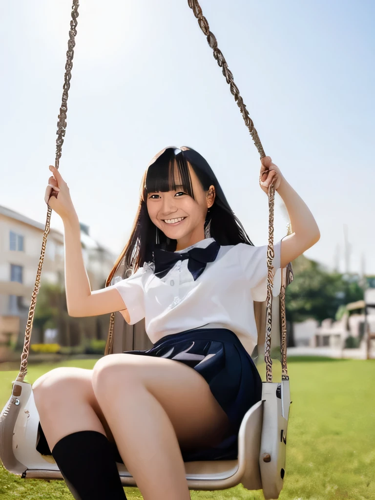 Highest quality,Super detailed,A high school girl swinging on a swing in a sunny park,White short sleeve blouse,Black pleated skirt,Posing for a photo,Knees aligned,Distant scenery is blurry,Illuminated by sunlight