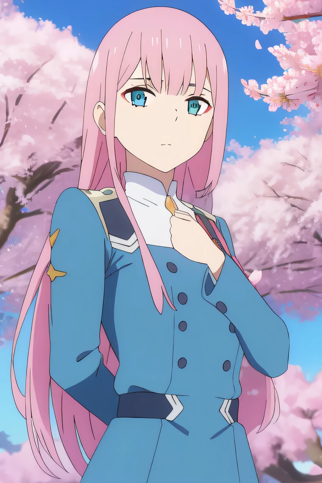 ((best quality)),((Very detailed)),masterpiece,absurd,Delicate face,Pretty Face,((Delicate eyes, Deep eyes)),(1 Girl),((Dynamic poses)),   zero_two, 1 Girl, Solitary, Long hair, Pink Hair, army uniform, , Straight Hair, , Green Eyes, Bangs, Shut up, Upper Body, jacket, Long sleeve, Eyeshadow, Tree, short tie, very Long hair, looking off to the side, tie, cosmetic, Look away, trumpet, outdoor, Double-breasted, blunt Bangs, breast, shirt, Buttons, blue eyes, Shiny hair, sky, Cherry Blossoms, Cherry Blossom Background