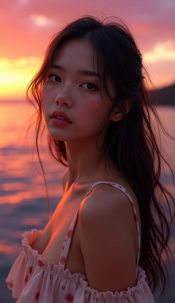 (high resolution, 4k, 8k, ultra-detailed:1.2), (hyper-realistic, photorealistic:1.37), (illustrated), (detailed lighting), (extremely delicate and beautiful), 1 young girl, brown hair, brown eyes, model, bare shoulders and chest, (best quality), ultra-detailed CG wallpaper in 8k, vibrant color, professional-grade, ((bokeh effect))), depth of field, twilight, sinking sunset.