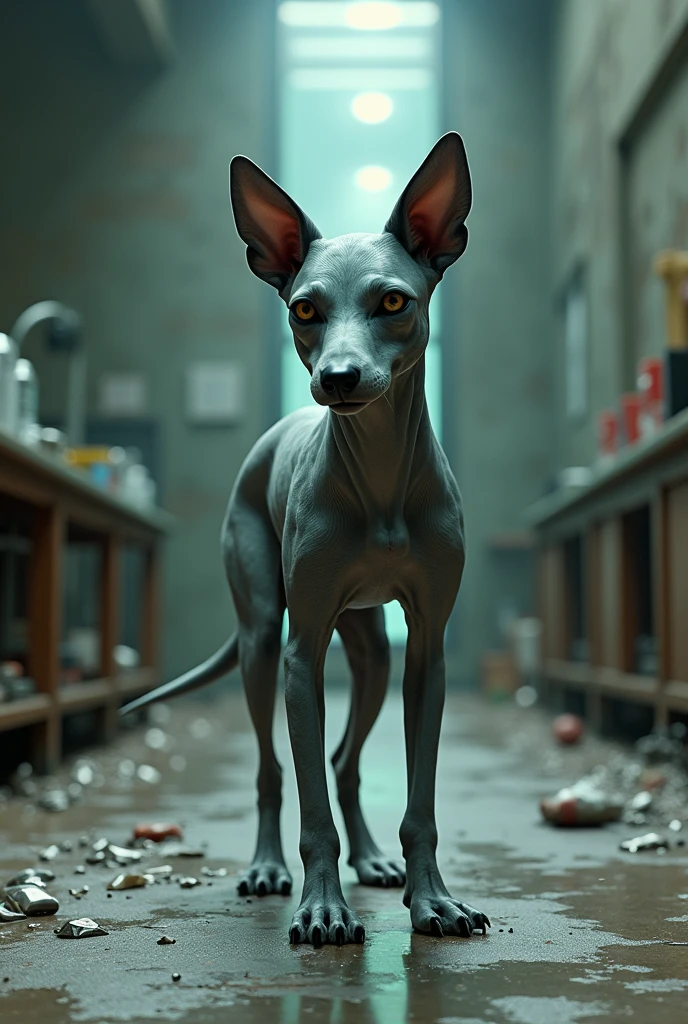 Creates a kind of gray alien hybrid dog with silver spots on the floor
. And a background of a ruined laboratory with a glass wall in the background with a kind of portal to another world.