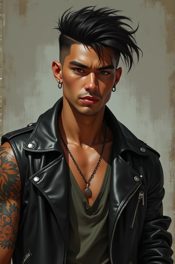 26 year old boy, He looks a little younger and has a light brown complexion., He is tall and measures 1:85, He is not skinny but not fat either, He wears a leather jacket and black, He's not ugly but not handsome either, He has an intimidating look, He has a tattoo on his entire left arm in a Hawaiian style, and 2 pricing one on the left ear and another on the eyebrow