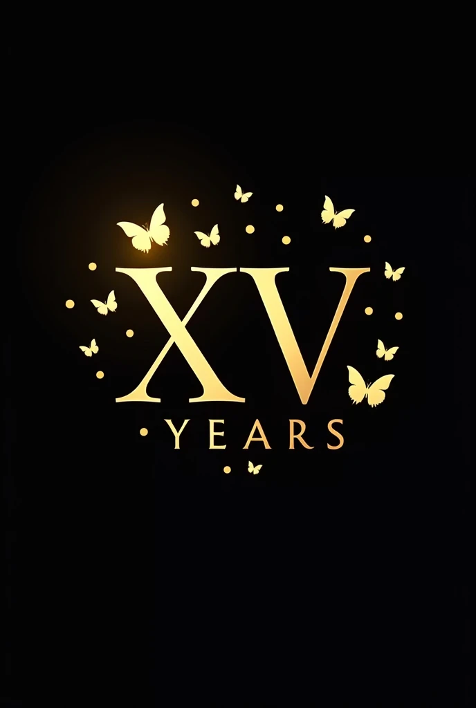 Phrase XV years in flat gold letters with silhouette of golden butterflies on a black background