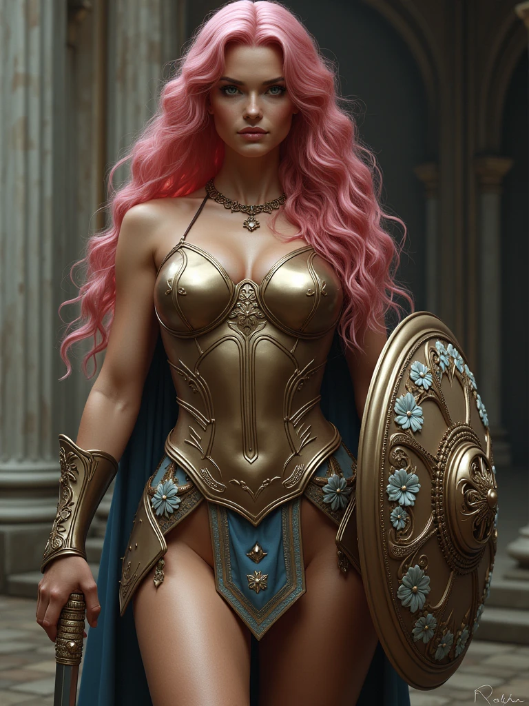 An Amazon posing with confidence and courage.   Body: the face is like Christina Hendricks. She has a very long pink wavy hair. The breasts are big and voluptuous and hips are very strong and toned. The waist is tiny. Her body is voluptuous and delicate.   Clothes: Amazon armoured suit. The armor is bright metallic brown with white and blue flowers details. She has a long sword and a shield with crown relief symbol.   Image style and definition: ultra realistic photo, feminine figure, portraits, Reductionist form, mujercore.