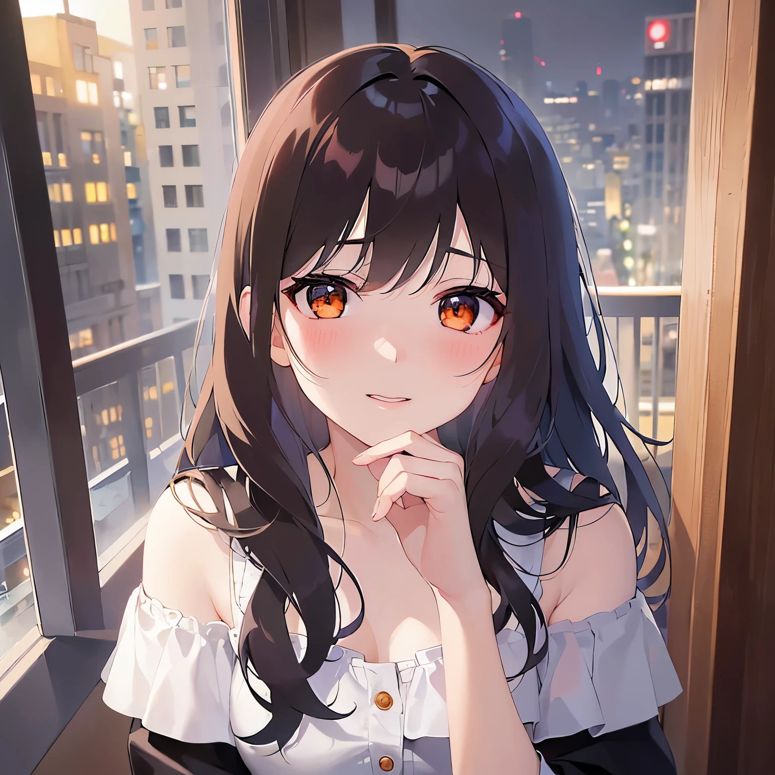 (night:1.5), looking up, hand on own chin、Close-up of your face、side angle, (pale skin: 1.2), shiny skin, shiny hair、(A 25-year-old woman with medium-length hair and bangs) and (wavy hair) and (brown hair) and (orange eyes) and (half closed eyes), (white) and (off shoulder blouse), smile, (blush:1.3), The background is a hotel room、Alone、Are standing