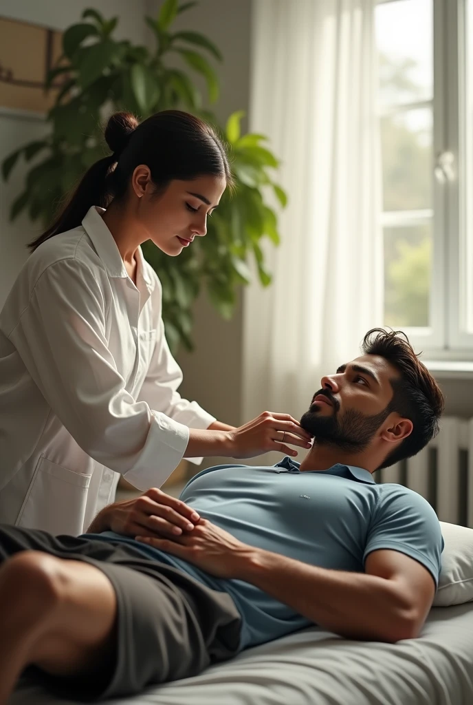 Beautiful Indian woman physiotherapist with futsal player Indian man
