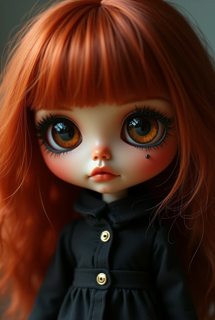 Blythe doll with dark skin, dark burnt red hair, black eyes, thin lips and mole under the lip almost on the jaw on the left side