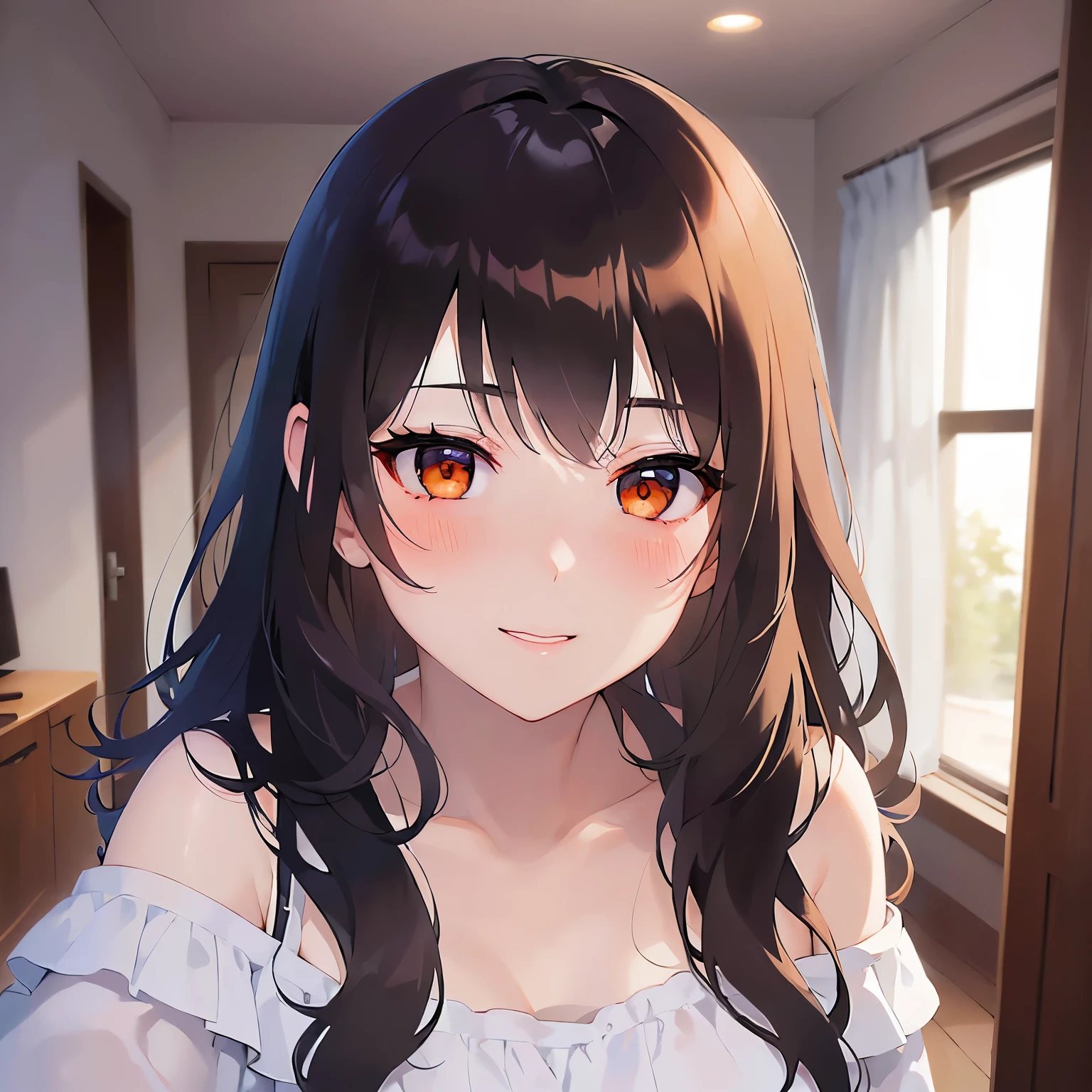 (night:1.5), looking up, hand on own chin、Close-up of your face、side angle, (pale skin: 1.2), shiny skin, shiny hair、(A 25-year-old woman with medium-length hair and bangs) and (wavy hair) and (brown hair) and (orange eyes) and (half closed eyes), (white) and (off shoulder blouse), smile, (blush:1.3), The background is a hotel room、Alone、Are standing