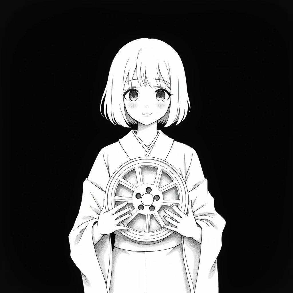 White pen on a black background。
No grey, just black and white。
A girl with white hair wearing a yukata。
Hair length is bob。
The color of the yukata is white.。
He is holding a car wheel in his hand. The wheel has no tires.、Wheel only。
The wheels are 6 spokes。
