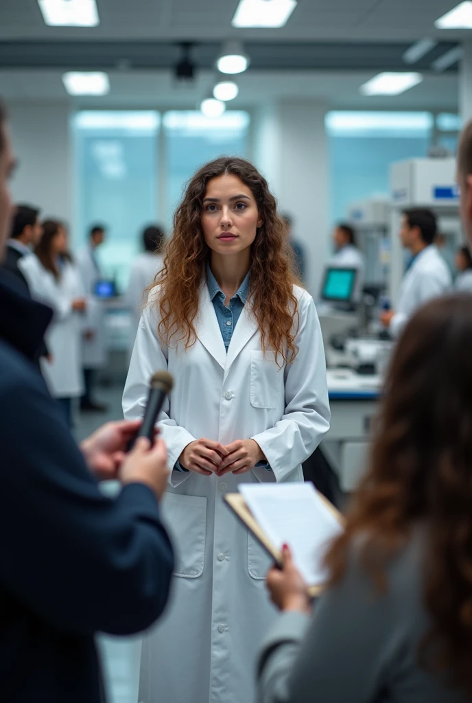 White girl with long hair, brown and curly, in a science lab coat giving interviews to several reporters