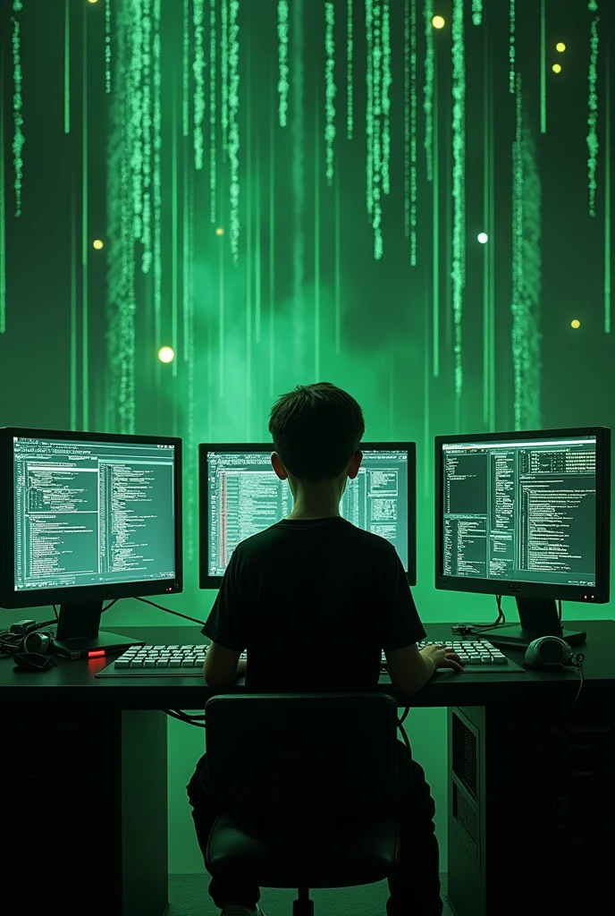 Create a boy wear a black t shirt and black pant with white shoes doing programming with multiple screen in Matrix 