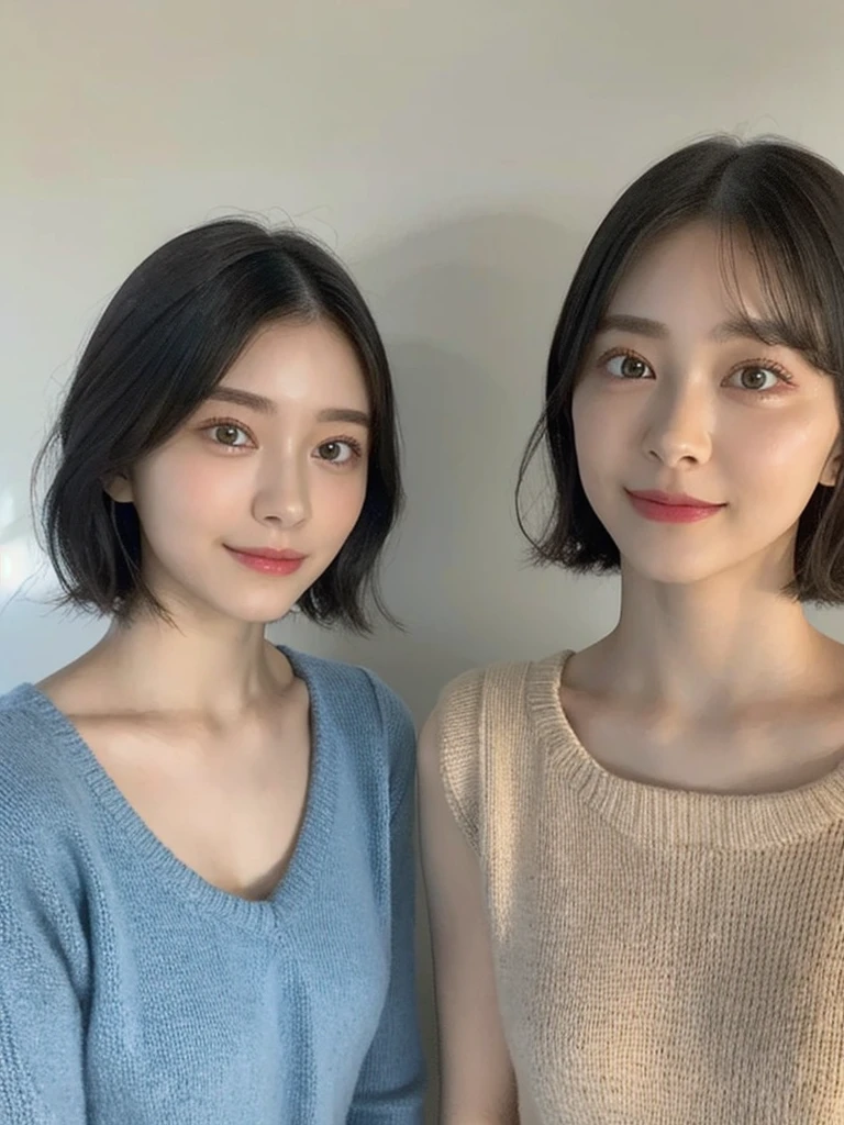 (masterpiece:1.3), (8k, Photoreal, Raw photo, best image quality: 1.4), Japanese high school girl、(random hairstyle:1.2)、cleavage:1.5、super detail face、eye for details、double eyelid、chest to chest、sharp focus:1.2、Beautiful woman:1.4、light brown hair、highest quality、masterpiece、超A high resolution、(Photoreal:1.4)、Highly detailed and professionally lit smiles、loose and light knitwear、shoulder out、thin、serious expression、short haired、deadly position
similar identical twins
All the girls have the exact same face, The two have the same face and figure, as if they were mirror images.