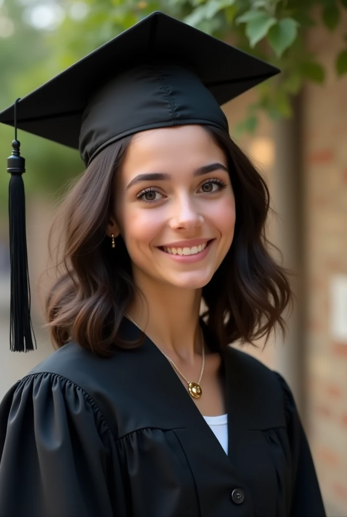 Create a realistic photo of a white-skinned girl, round face, dark chocolate hair, Lazio, with a natural expression and smile, facial features not pronounced, dressed in a black graduation cap and gown