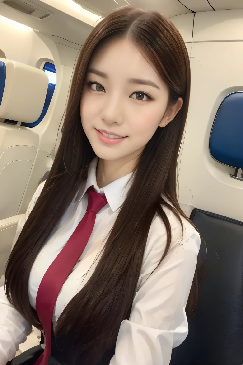 ((Highest quality, 8k, masterpiece: 1.3)), concentrate: 1.2, Perfect beauty: 1.6, Astock: 1.3, ((Straight Hairstyles), (Flight attendant uniform: 1.1), (evening, Inside the aircraft), Highly detailed face and skin texture, Narrow eyes, double eyelid, Whitening skin, Long Hair, (shut up: 1.3), A kind smile, Detailed eye makeup,Highly detailed eye texture,During customer service,Serve coffee