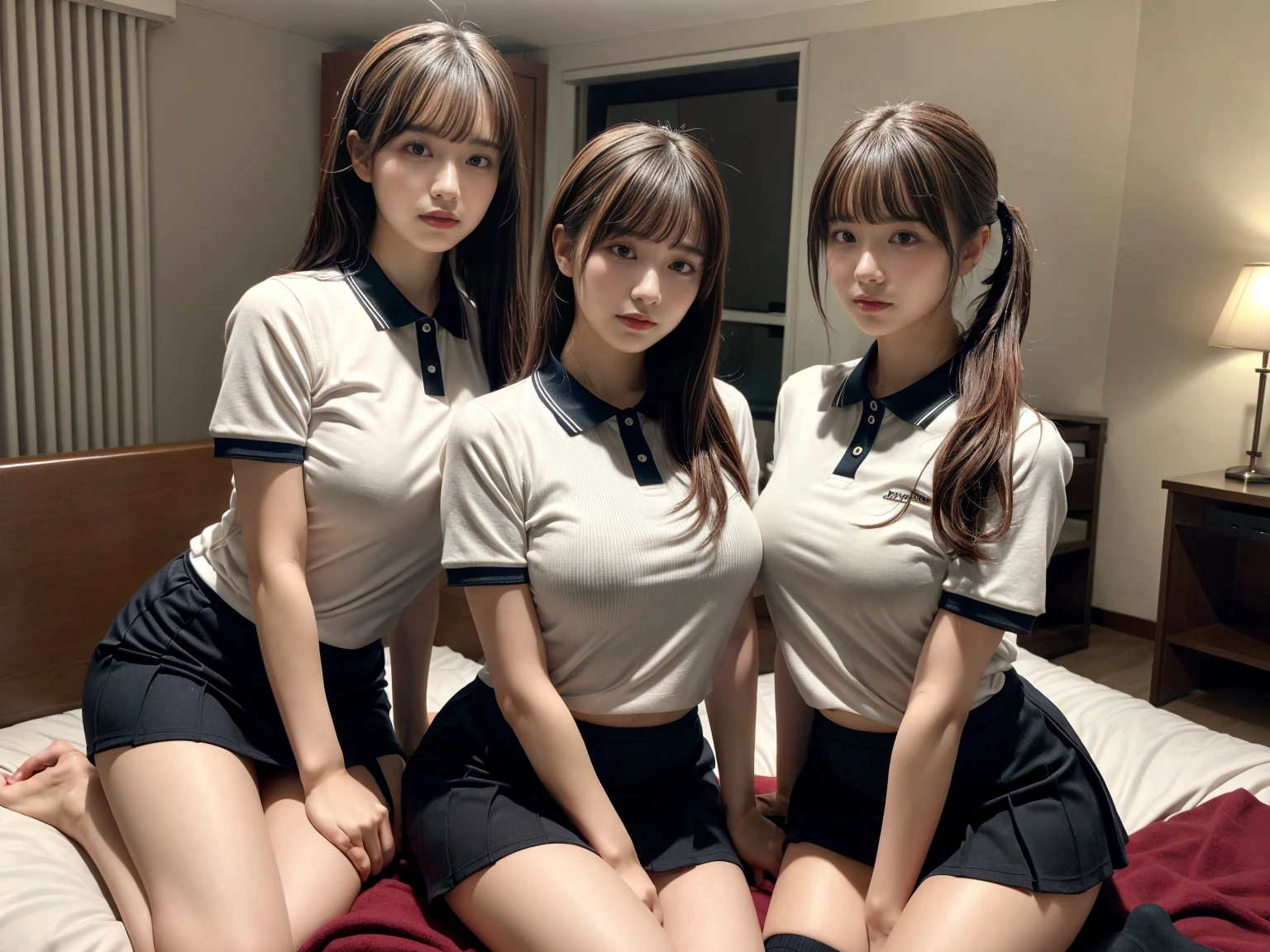 masterpiece, best quality, illustration, Super detailed, fine details, High resolution, 8K,wall paper, perfect dynamic composition,(Details High quality, realistic depiction of eyes:1.3), (2 girls), (collared polo shirt), pleated skirt, knee high socks, twin tails,  in a hotel room in the background, deep on field, large breasts, black hair color, Big Natural Color Lip, (perfect body shape), crying a little、Harajuku style、20 year old girl、cute type、beautiful legs, Gravure Idol