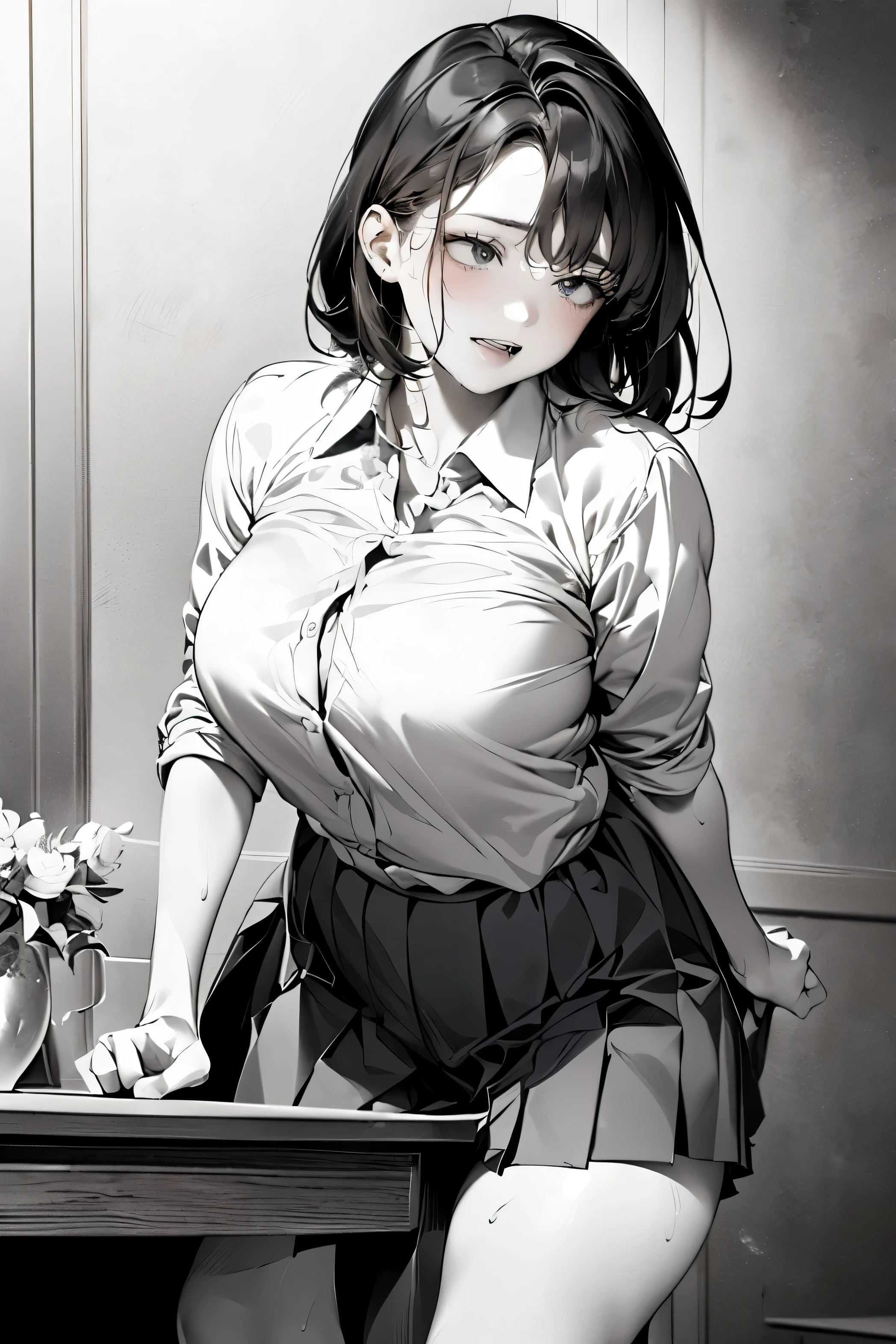 (A work depicting a scene from a manga for adults), ((Manga style line drawing background)), ((Pleated skirt, Round face, Realistic sized eyes, Droopy eyes, blush, Sweat, Smile of shame, Thin lips, Spread your legs)), (((Stand up and slam your groin into the corner of the table, orgasm))), Open your mouth, On the sidewalk, Terrace table,