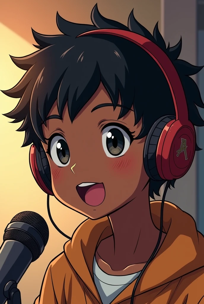 a boy with anime headphones, Dark skin, no estilo de quarto player, animated color photos, Masami Teraoka, player, Paulo Gauguin, Embry Style, honest portrait, speaking into microphone