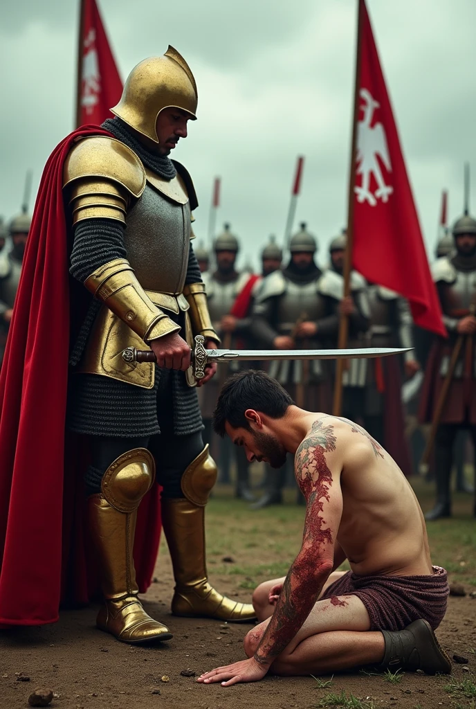 The image shows a dramatic scene in which a warrior, dressed in golden armor and a red cape, He is about to execute a prisoner kneeling in front of him. The warrior holds a sword with determination, while the prisoner, wounded and bare-chested, bows his head in resignation.
In the background, Several soldiers are seen wearing armor and helmets, carrying red banners with a white eagle emblem. The atmosphere is tense and solemn., with a gray and cloudy sky, which highlights the gravity of the moment. The scene suggests an act of justice or punishment in a medieval war context..