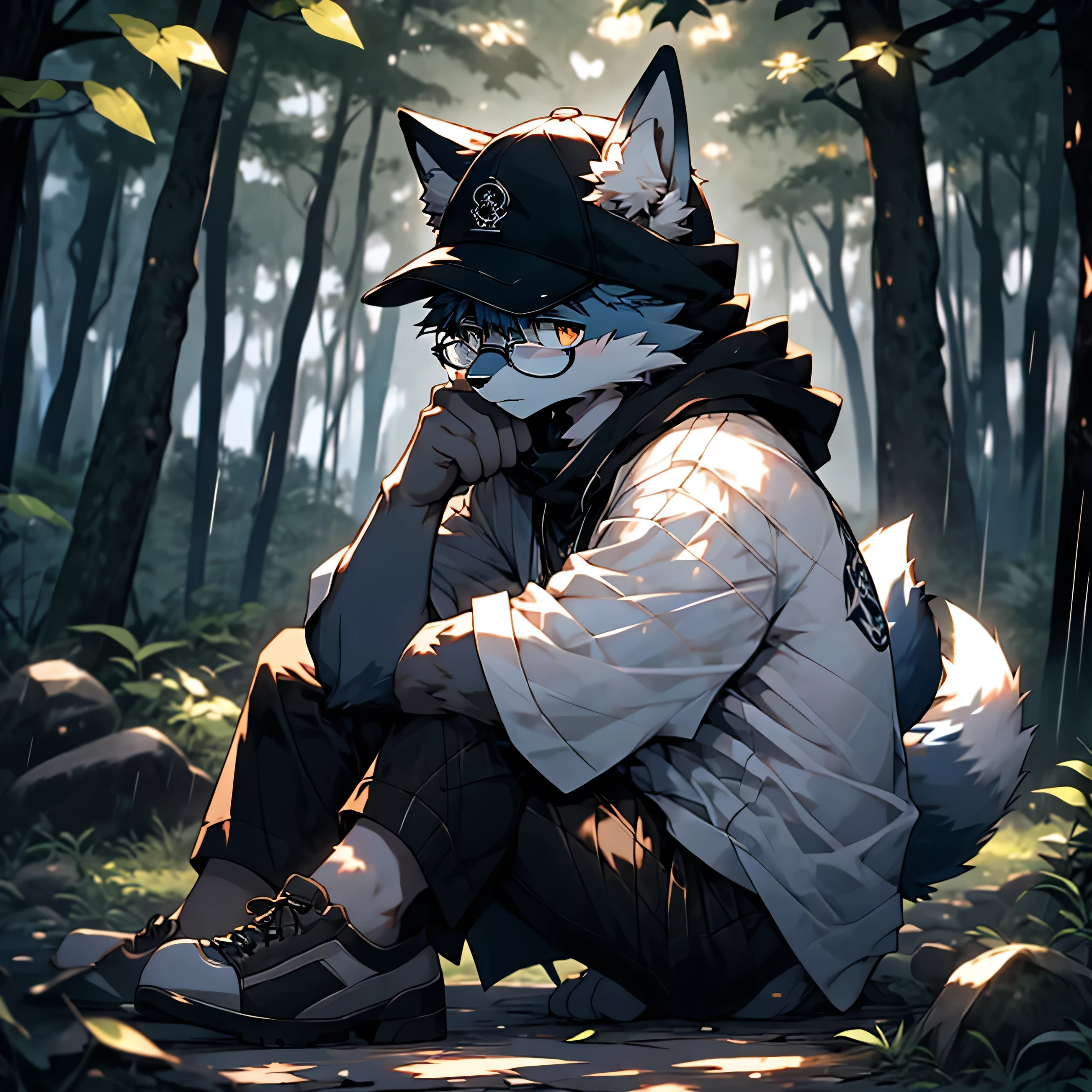 A dark blue fox sitting on the ground in front of the rainy forest with a sad expression, wearing round black glasses, usando um casaco preto, wearing a black cap with the letters ZR on the cap.