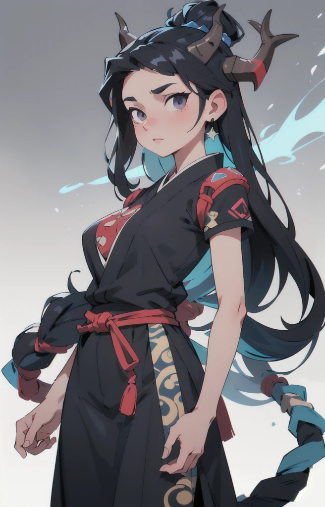 Seven Rhaeyar (Deylta), Ancient Star goddess, Perfect female anatomy (Royalty, Adult Female, 166cm in height, Cool pale skin, slim, slender, 34D breast size, Long Jet Black Hair, Gray Colored Iris , a set of Jet black colored horns with a blue highlight tint on her head), Black Katana with dragon motifs, Black rope accessories and blue rose references. Simple Background, receiving light from the front, Ethereal glow, Japanese inspired, 