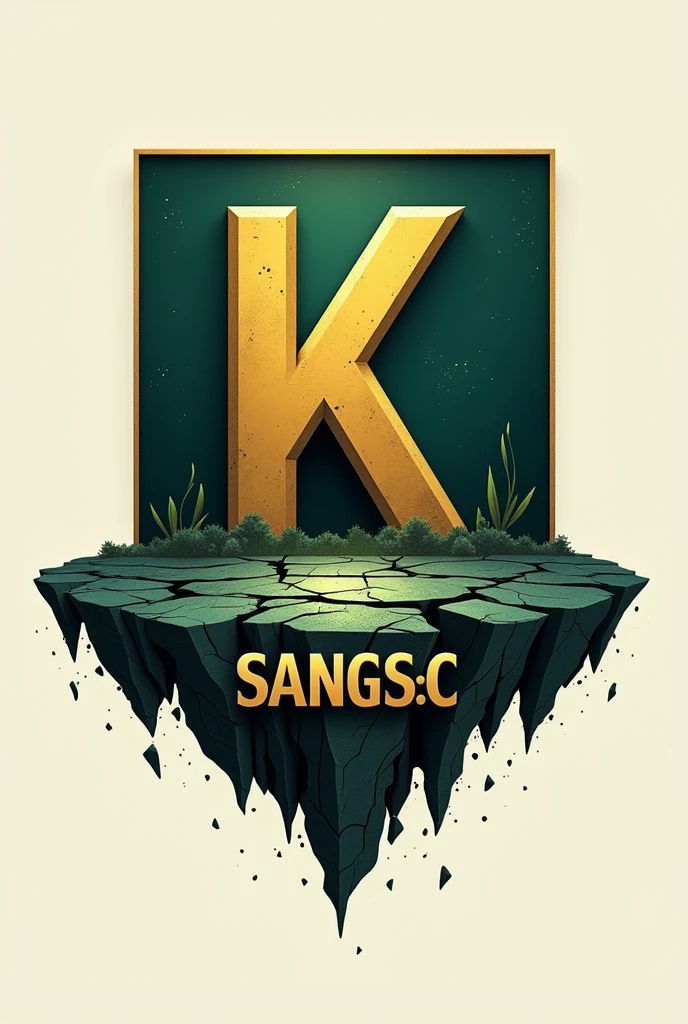Create me a logo with the letter K in a large square-shaped background with a set up that breaks the ground and I want it to be in green, black and gold and have the name SANGS_C and that this word has the effect as if it were breaking the ground