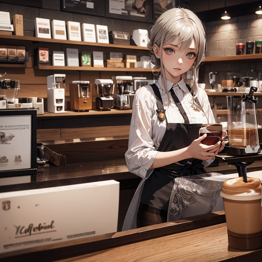 CG, Unity, 8k, wallpaper, Highest quality, masterpiece, Lovely lady, 18-year-old, Gray Hair, White skin, (pantyhose:1.3), (Realistic:1.2), Best lighting, Complex pupil, Intricate weaving, Detailed Background,(Barista:1.5),Transparent sleeves、For battle、(Delicate clothing with intricate patterns and decorations)