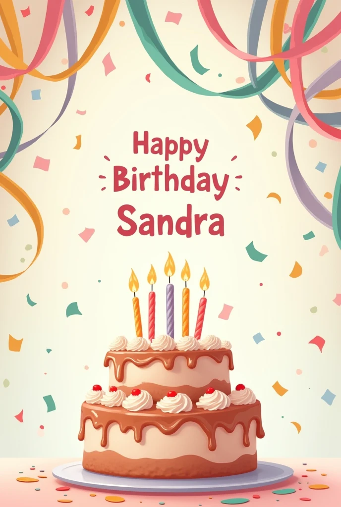 Of course! Puedo ayudarte a visualizar esa imagen de cumpleaños para sandra.
Imagine a card with a soft pastel background, like a pale rose or a light blue. In the middle, A large cake with colorful candles and fondant details in pastel tones.
around the cake, lots of brightly colored confetti, like yellow, green, blue and purple, creating a joyful and festive effect.
There are also pastel colored streamers hanging from the sky., creating a fun setting for the cake and celebration.
At the top of the card, could you put a message of "Happy Birthday, sandra", written with a nice and cheerful typography, in a color that contrasts with the background.