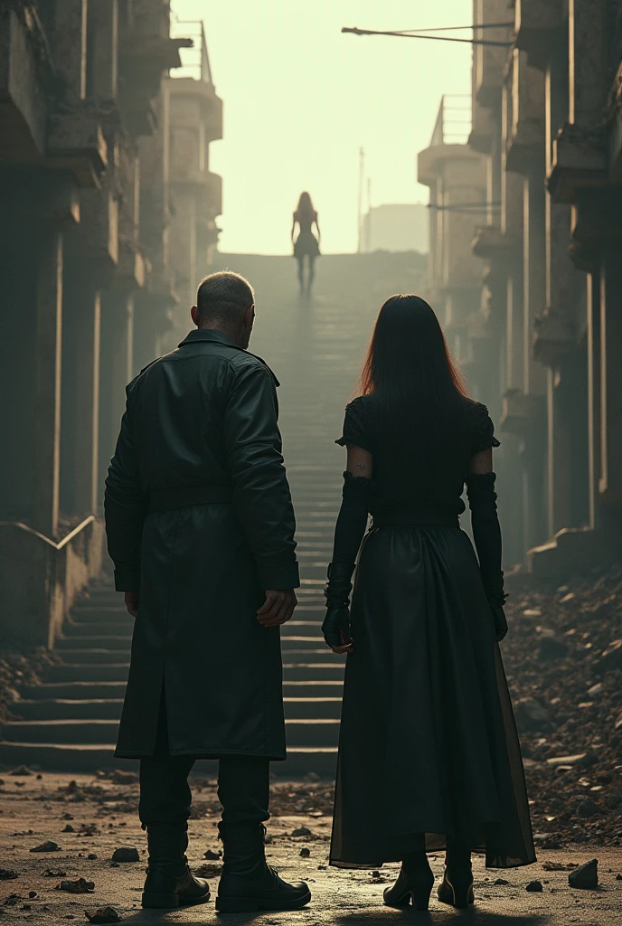 Scene:, A war-torn stadium, crumbling stairs. Master and Judas Cain wait, smoking in silence. From the shadows, Piraña emerges, calling Master with a firm, seductive voice., Setting:, Ruined stadium, debris scattered, faint sunset light. Dusty, abandoned atmosphere, cold and desolate., Characters:, Master: Veteran soldier, scarred, gray-streaked dark hair, weary but determined., Judas Cain: Younger, blond, stubbled, sharp-eyed, always alert., Piraña: Beautiful, lethal, long dark hair, sleek black tactical outfit, seductive and calculating., Aesthetic References:, Akira, Memories, Ghost in the Shell. Urban decay, post-apocalyptic mood, gritty realism.