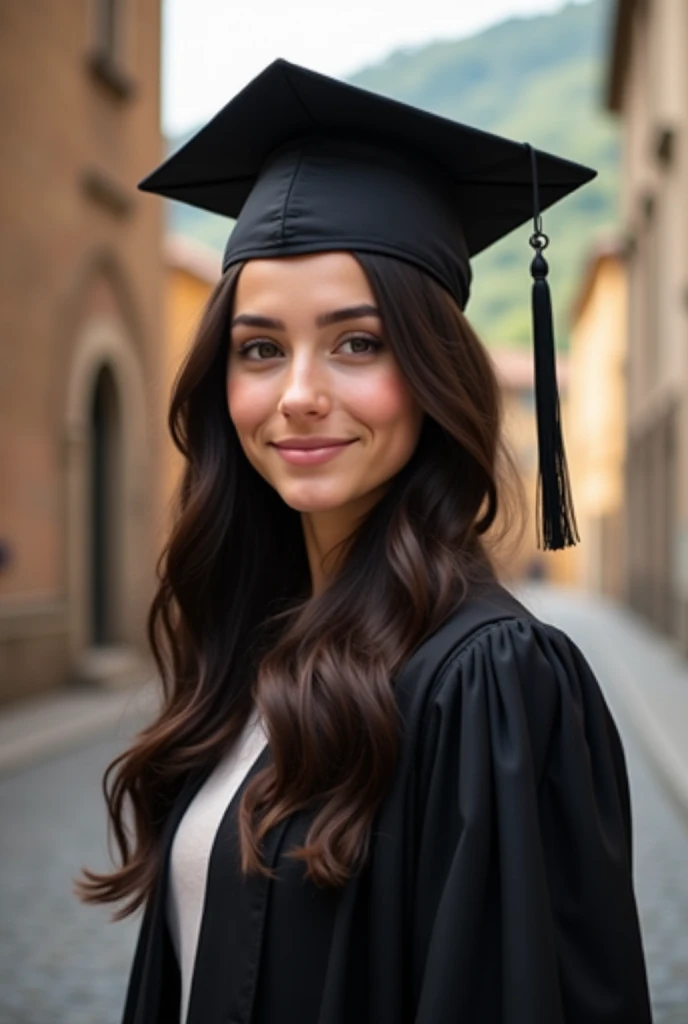 Create a realistic photo of a white-skinned girl, round face, dark chocolate hair, Lazio, long, with a natural expression and smile, facial features not pronounced, dressed in a black graduation cap and gown