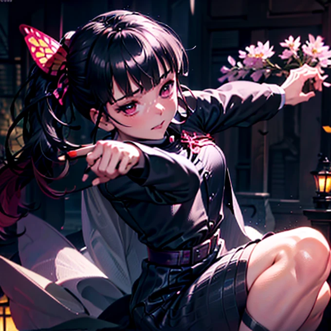 a girl in a black long dress, fighting with a pink sword, detailed thighs, one red eye, background with flowers, ice, and a dark castle, anxious expression, anger, one leg raised, attacking, best quality, 4k, 8k, highres, masterpiece:1.2, ultra-detailed, realistic, photorealistic, photo-realistic:1.37, HDR, UHD, studio lighting, ultra-fine painting, sharp focus, physically-based rendering, extreme detail description, professional, vivid colors, bokeh, concept art