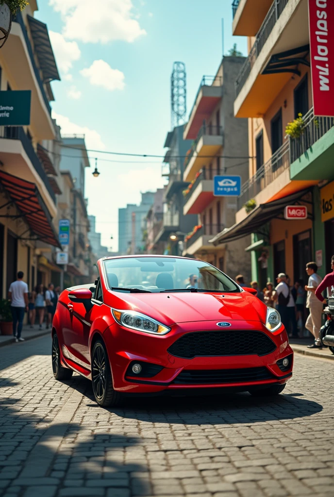 Ford fiesta 2015 model convertible bright red color, on a street in Bogotá and a green matte Dominate 400 motorcycle 
