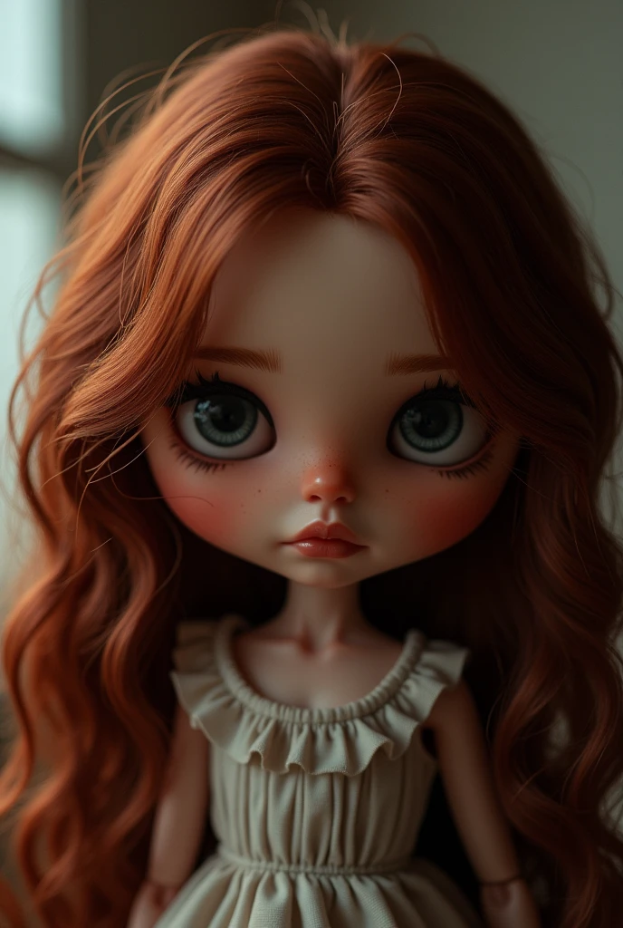 Blythe doll with dark skin,  dark burnt red hair, eyes with black pupils, thin lips and mole under the lip almost on the jaw on the left side.